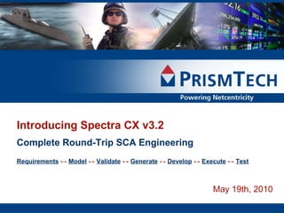 May 19th, 2010 Introducing Spectra CX v3.2 Complete Round-Trip SCA Engineering Requirements   ↔   Model   ↔   Validate   ↔   Generate   ↔   Develop   ↔   Execute   ↔   Test 