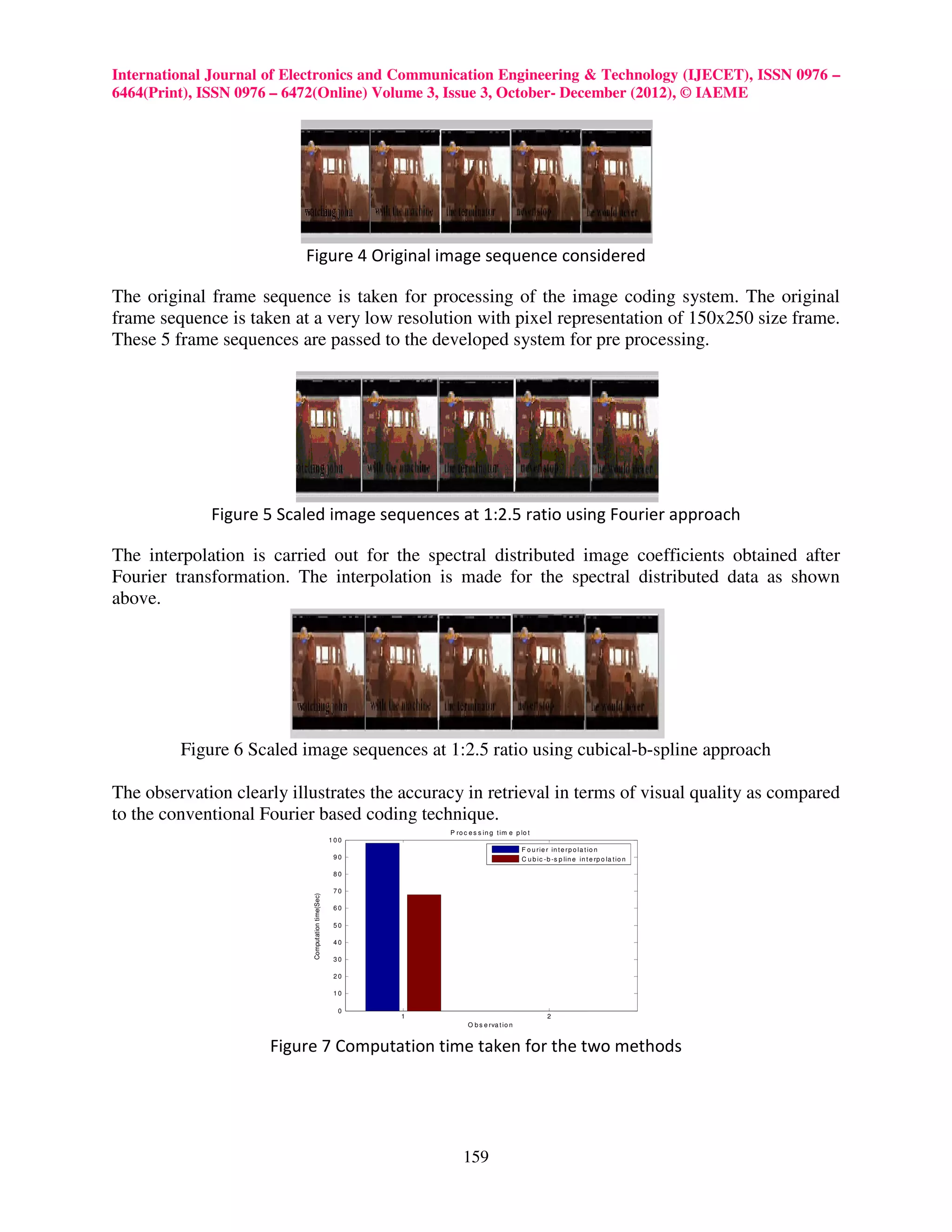 International Journal of Electronics and Communication Engineering & Technology (IJECET), ISSN 0976 –
6464(Print), ISSN 0976 – 6472(Online) Volume 3, Issue 3, October- December (2012), © IAEME




                          Figure 4 Original image sequence considered

The original frame sequence is taken for processing of the image coding system. The original
frame sequence is taken at a very low resolution with pixel representation of 150x250 size frame.
These 5 frame sequences are passed to the developed system for pre processing.




             Figure 5 Scaled image sequences at 1:2.5 ratio using Fourier approach

The interpolation is carried out for the spectral distributed image coefficients obtained after
Fourier transformation. The interpolation is made for the spectral distributed data as shown
above.




         Figure 6 Scaled image sequences at 1:2.5 ratio using cubical-b-spline approach

The observation clearly illustrates the accuracy in retrieval in terms of visual quality as compared
to the conventional Fourier based coding technique.
                                                              P ro c e s s in g t im e p lo t
                                                    100
                                                                                         F o u rie r in t e rp o la t io n
                                                     90                                  C u b ic -b -s p lin e in t e rp o la t io n

                                                     80

                                                     70
                            Computation time(Sec)




                                                     60

                                                     50

                                                     40

                                                     30

                                                     20

                                                     10

                                                      0
                                                          1                                        2
                                                                    O b s e rva t io n


                     Figure 7 Computation time taken for the two methods




                                                                  159
 