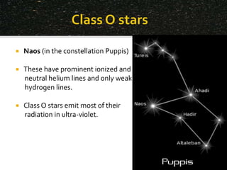  Naos (in the constellation Puppis)
 These have prominent ionized and
neutral helium lines and only weak
hydrogen lines.
 Class O stars emit most of their
radiation in ultra-violet.
10
 