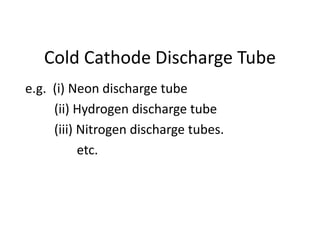 Cold Cathode Discharge Tube
e.g. (i) Neon discharge tube
(ii) Hydrogen discharge tube
(iii) Nitrogen discharge tubes.
etc.
 