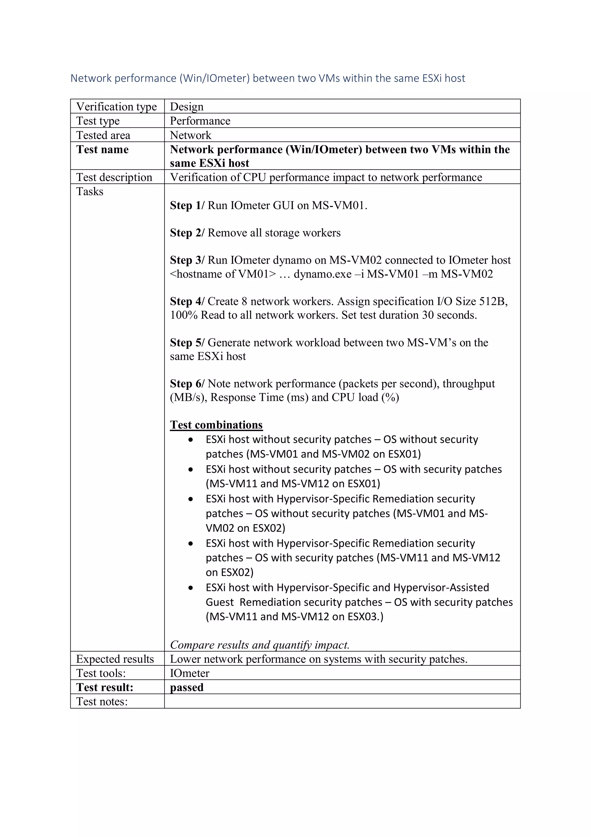 Network performance (Win/IOmeter) between two VMs within the same ESXi host
Verification type Design
Test type Performance
Tested area Network
Test name Network performance (Win/IOmeter) between two VMs within the
same ESXi host
Test description Verification of CPU performance impact to network performance
Tasks
Step 1/ Run IOmeter GUI on MS-VM01.
Step 2/ Remove all storage workers
Step 3/ Run IOmeter dynamo on MS-VM02 connected to IOmeter host
<hostname of VM01> … dynamo.exe –i MS-VM01 –m MS-VM02
Step 4/ Create 8 network workers. Assign specification I/O Size 512B,
100% Read to all network workers. Set test duration 30 seconds.
Step 5/ Generate network workload between two MS-VM’s on the
same ESXi host
Step 6/ Note network performance (packets per second), throughput
(MB/s), Response Time (ms) and CPU load (%)
Test combinations
• ESXi host without security patches – OS without security
patches (MS-VM01 and MS-VM02 on ESX01)
• ESXi host without security patches – OS with security patches
(MS-VM11 and MS-VM12 on ESX01)
• ESXi host with Hypervisor-Specific Remediation security
patches – OS without security patches (MS-VM01 and MS-
VM02 on ESX02)
• ESXi host with Hypervisor-Specific Remediation security
patches – OS with security patches (MS-VM11 and MS-VM12
on ESX02)
• ESXi host with Hypervisor-Specific and Hypervisor-Assisted
Guest Remediation security patches – OS with security patches
(MS-VM11 and MS-VM12 on ESX03.)
Compare results and quantify impact.
Expected results Lower network performance on systems with security patches.
Test tools: IOmeter
Test result: passed
Test notes:
 