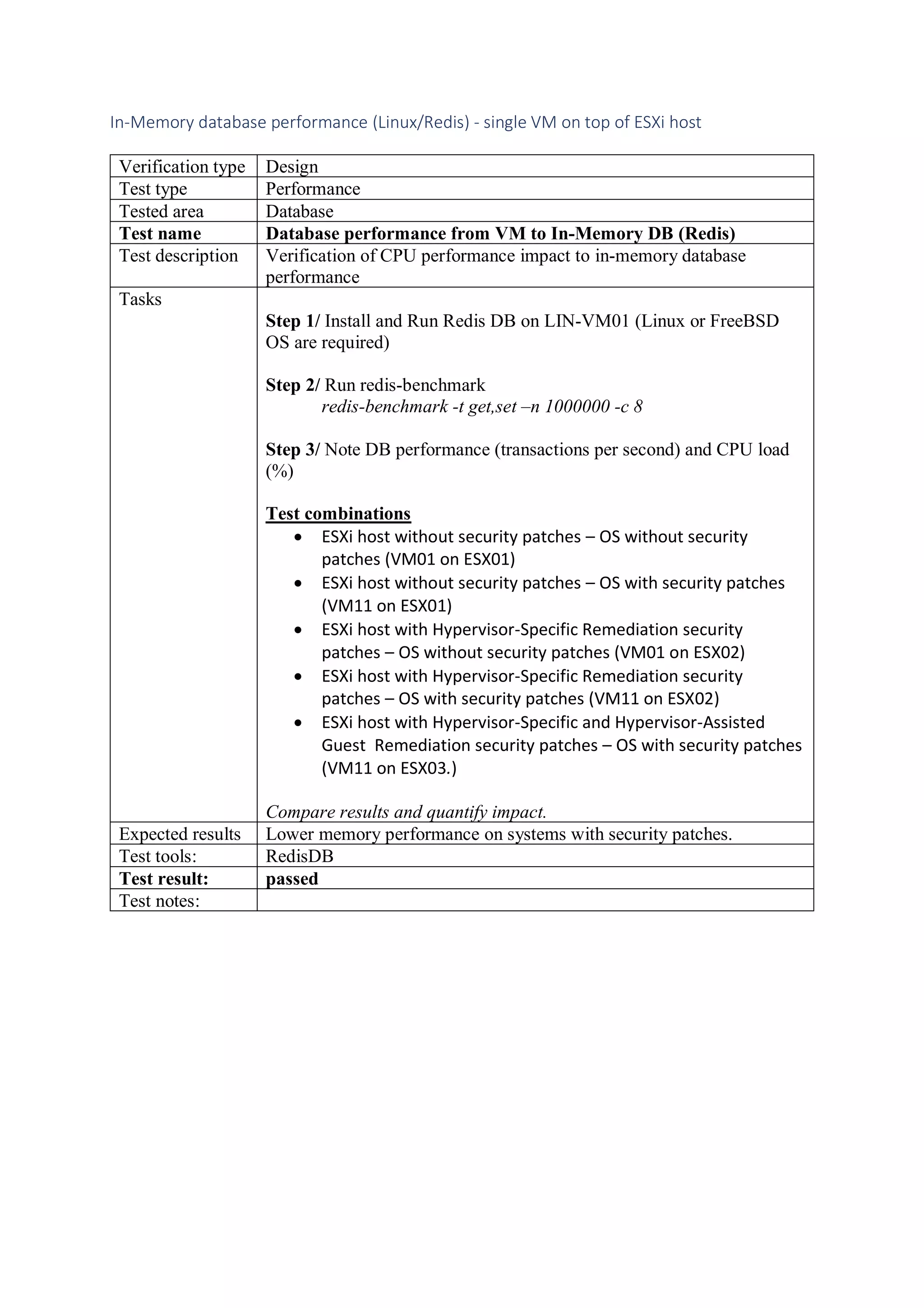 In-Memory database performance (Linux/Redis) - single VM on top of ESXi host
Verification type Design
Test type Performance
Tested area Database
Test name Database performance from VM to In-Memory DB (Redis)
Test description Verification of CPU performance impact to in-memory database
performance
Tasks
Step 1/ Install and Run Redis DB on LIN-VM01 (Linux or FreeBSD
OS are required)
Step 2/ Run redis-benchmark
redis-benchmark -t get,set –n 1000000 -c 8
Step 3/ Note DB performance (transactions per second) and CPU load
(%)
Test combinations
• ESXi host without security patches – OS without security
patches (VM01 on ESX01)
• ESXi host without security patches – OS with security patches
(VM11 on ESX01)
• ESXi host with Hypervisor-Specific Remediation security
patches – OS without security patches (VM01 on ESX02)
• ESXi host with Hypervisor-Specific Remediation security
patches – OS with security patches (VM11 on ESX02)
• ESXi host with Hypervisor-Specific and Hypervisor-Assisted
Guest Remediation security patches – OS with security patches
(VM11 on ESX03.)
Compare results and quantify impact.
Expected results Lower memory performance on systems with security patches.
Test tools: RedisDB
Test result: passed
Test notes:
 