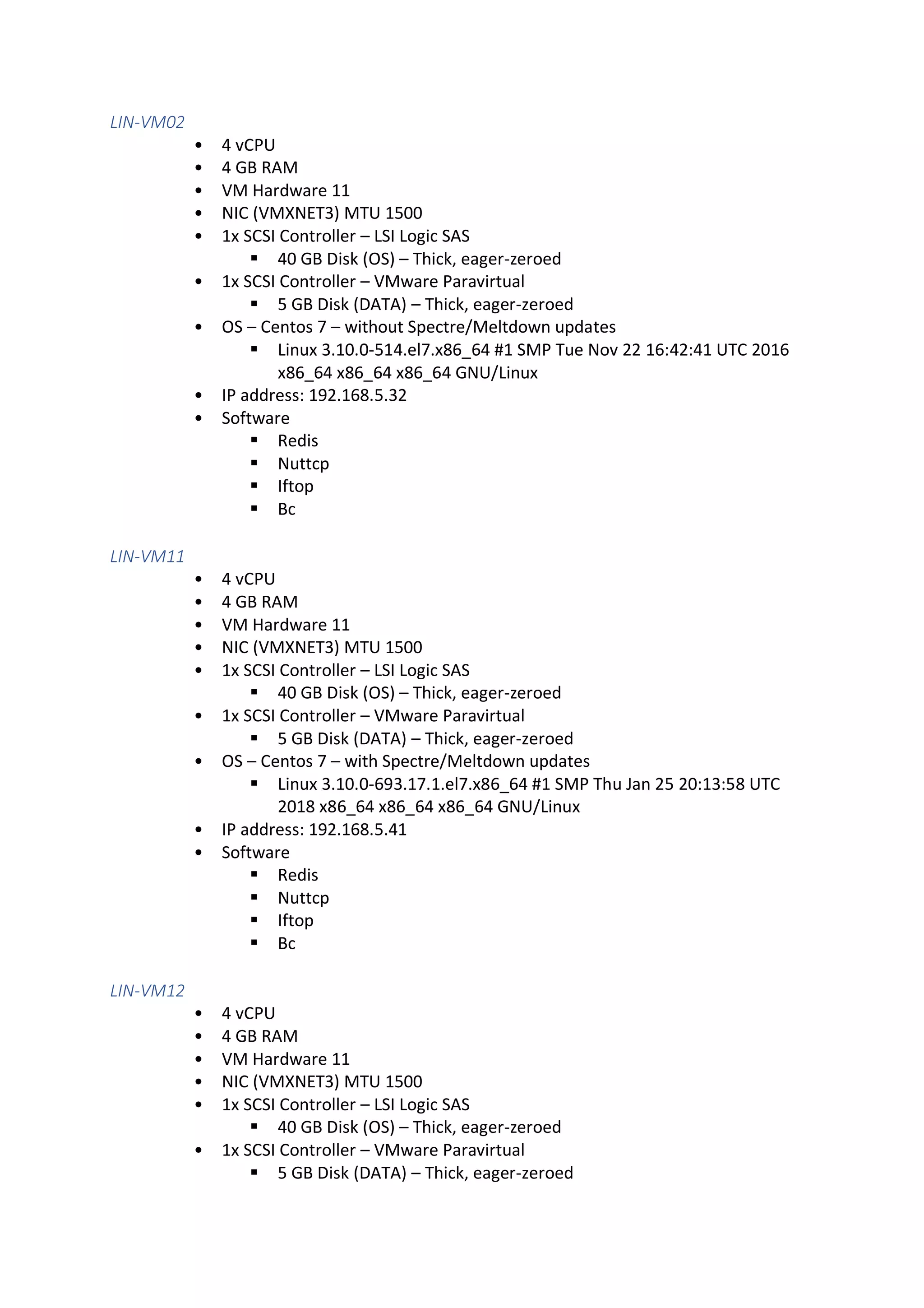 LIN-VM02
• 4 vCPU
• 4 GB RAM
• VM Hardware 11
• NIC (VMXNET3) MTU 1500
• 1x SCSI Controller – LSI Logic SAS
▪ 40 GB Disk (OS) – Thick, eager-zeroed
• 1x SCSI Controller – VMware Paravirtual
▪ 5 GB Disk (DATA) – Thick, eager-zeroed
• OS – Centos 7 – without Spectre/Meltdown updates
▪ Linux 3.10.0-514.el7.x86_64 #1 SMP Tue Nov 22 16:42:41 UTC 2016
x86_64 x86_64 x86_64 GNU/Linux
• IP address: 192.168.5.32
• Software
▪ Redis
▪ Nuttcp
▪ Iftop
▪ Bc
LIN-VM11
• 4 vCPU
• 4 GB RAM
• VM Hardware 11
• NIC (VMXNET3) MTU 1500
• 1x SCSI Controller – LSI Logic SAS
▪ 40 GB Disk (OS) – Thick, eager-zeroed
• 1x SCSI Controller – VMware Paravirtual
▪ 5 GB Disk (DATA) – Thick, eager-zeroed
• OS – Centos 7 – with Spectre/Meltdown updates
▪ Linux 3.10.0-693.17.1.el7.x86_64 #1 SMP Thu Jan 25 20:13:58 UTC
2018 x86_64 x86_64 x86_64 GNU/Linux
• IP address: 192.168.5.41
• Software
▪ Redis
▪ Nuttcp
▪ Iftop
▪ Bc
LIN-VM12
• 4 vCPU
• 4 GB RAM
• VM Hardware 11
• NIC (VMXNET3) MTU 1500
• 1x SCSI Controller – LSI Logic SAS
▪ 40 GB Disk (OS) – Thick, eager-zeroed
• 1x SCSI Controller – VMware Paravirtual
▪ 5 GB Disk (DATA) – Thick, eager-zeroed
 