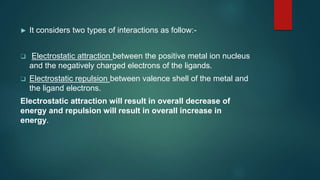 ► It considers two types of interactions as follow:-
❑ Electrostatic attraction between the positive metal ion nucleus
and the negatively charged electrons of the ligands.
❑ Electrostatic repulsion between valence shell of the metal and
the ligand electrons.
Electrostatic attraction will result in overall decrease of
energy and repulsion will result in overall increase in
energy.
 