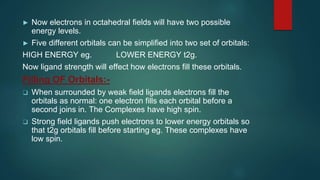 ► Now electrons in octahedral fields will have two possible
energy levels.
► Five different orbitals can be simplified into two set of orbitals:
HIGH ENERGY eg. LOWER ENERGY t2g.
Now ligand strength will effect how electrons fill these orbitals.
Filling OF Orbitals:-
❑ When surrounded by weak field ligands electrons fill the
orbitals as normal: one electron fills each orbital before a
second joins in. The Complexes have high spin.
❑ Strong field ligands push electrons to lower energy orbitals so
that t2g orbitals fill before starting eg. These complexes have
low spin.
 