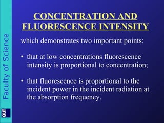 CONCENTRATION AND FLUORESCENCE INTENSITY which demonstrates two important points: that at low concentrations fluorescence intensity is proportional to concentration; that fluorescence is proportional to the incident power in the incident radiation at the absorption frequency. 