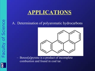 APPLICATIONS A.  Determination of polyaromatic hydrocarbons Benzo[a]pyrene is a product of incomplete combustion and found in coal tar. 