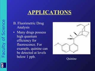 APPLICATIONS B.  Fluorimetric Drug Analysis   Many drugs possess high quantum efficiency for fluorescence. For example, quinine can be detected at levels below 1 ppb. Quinine 