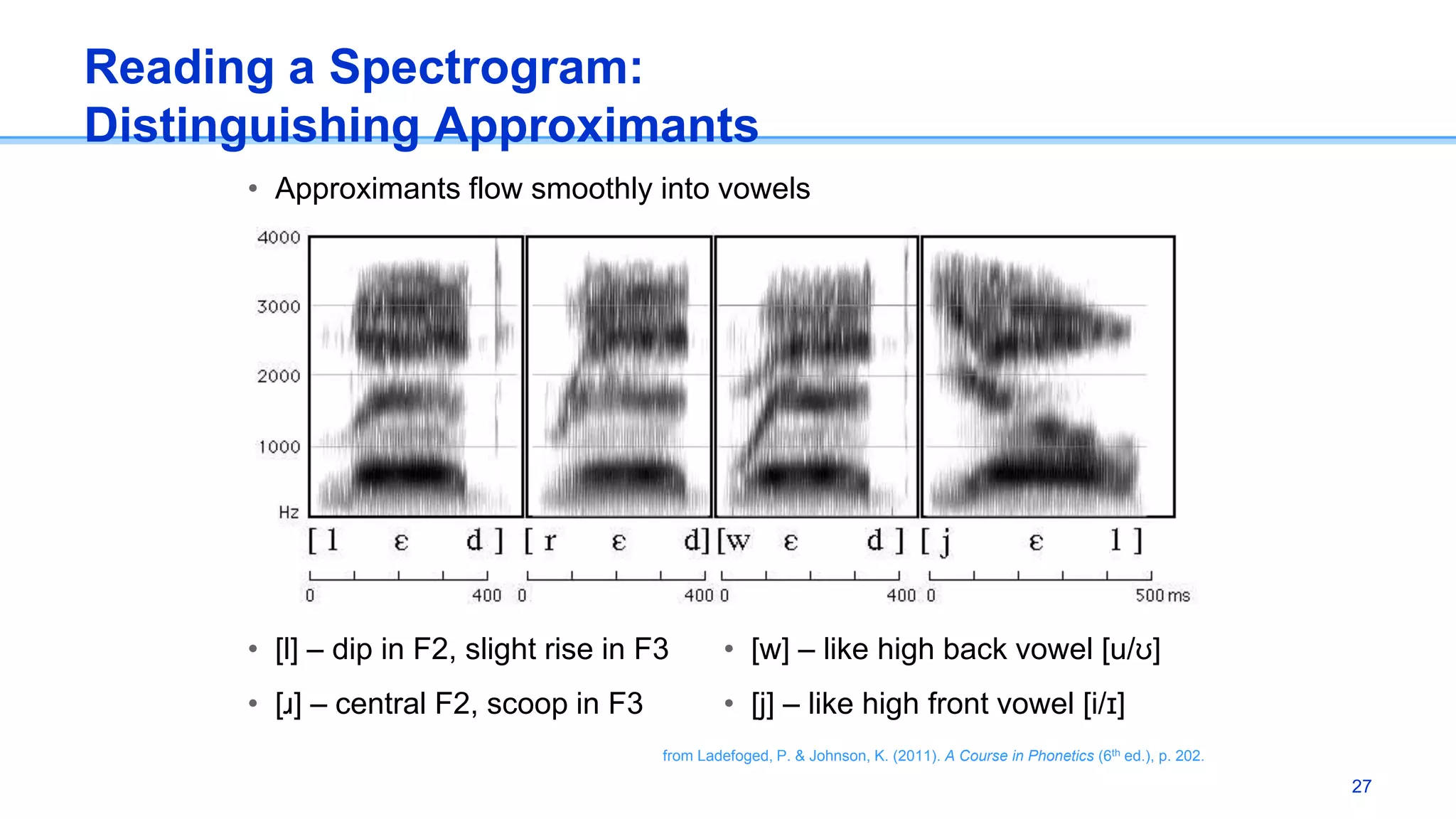 Reading a Spectrogram:
Distinguishing Approximants
• Approximants flow smoothly into vowels
27
from Ladefoged, P. & Johnson, K. (2011). A Course in Phonetics (6th ed.), p. 202.
• [l] – dip in F2, slight rise in F3
• [ɹ] – central F2, scoop in F3
• [w] – like high back vowel [u/ʊ]
• [j] – like high front vowel [i/ɪ]
 