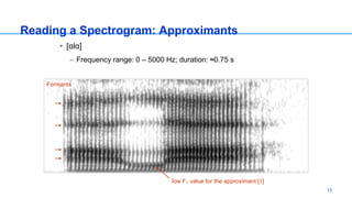 Reading a Spectrogram: Approximants
• [ɑlɑ]
– Frequency range: 0 – 5000 Hz; duration: ≈0.75 s
Formants
low F1 value for the approximant [ l]
13
 