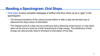 Reading a Spectrogram: Oral Stops
• Oral stops involve complete stoppage of airflow and thus show up as a “gap” in the
spectrogram.
– The formant transitions of the voiced sounds before or after a stop are the best way to
determine the stop’s place of articulation.
– The release burst of a stop may be continuous with a following voiced sound, or may stand
alone at the end of a word as a brief vertical band of high energy. The distribution of that
energy can also provide clues to the place of articulation of the stop.
14
 