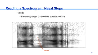 Reading a Spectrogram: Nasal Stops
• [ɑnɑ]
– Frequency range: 0 – 5000 Hz; duration: ≈0.75 s
“zeroes”
17
 