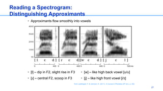 Reading a Spectrogram:
Distinguishing Approximants
• Approximants flow smoothly into vowels
27
from Ladefoged, P. & Johnson, K. (2011). A Course in Phonetics (6th ed.), p. 202.
• [l] – dip in F2, slight rise in F3
• [ɹ] – central F2, scoop in F3
• [w] – like high back vowel [u/ʊ]
• [j] – like high front vowel [i/ɪ]
 