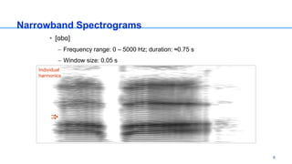 Narrowband Spectrograms
• [ɑbɑ]
– Frequency range: 0 – 5000 Hz; duration: ≈0.75 s
– Window size: 0.05 s
Individual
harmonics
6
 