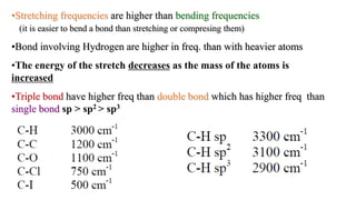 •Stretching frequencies are higher than bending frequencies
(it is easier to bend a bond than stretching or compresing them)
•Bond involving Hydrogen are higher in freq. than with heavier atoms
•The energy of the stretch decreases as the mass of the atoms is
increased
•Triple bond have higher freq than double bond which has higher freq than
single bond sp > sp2 > sp3
 