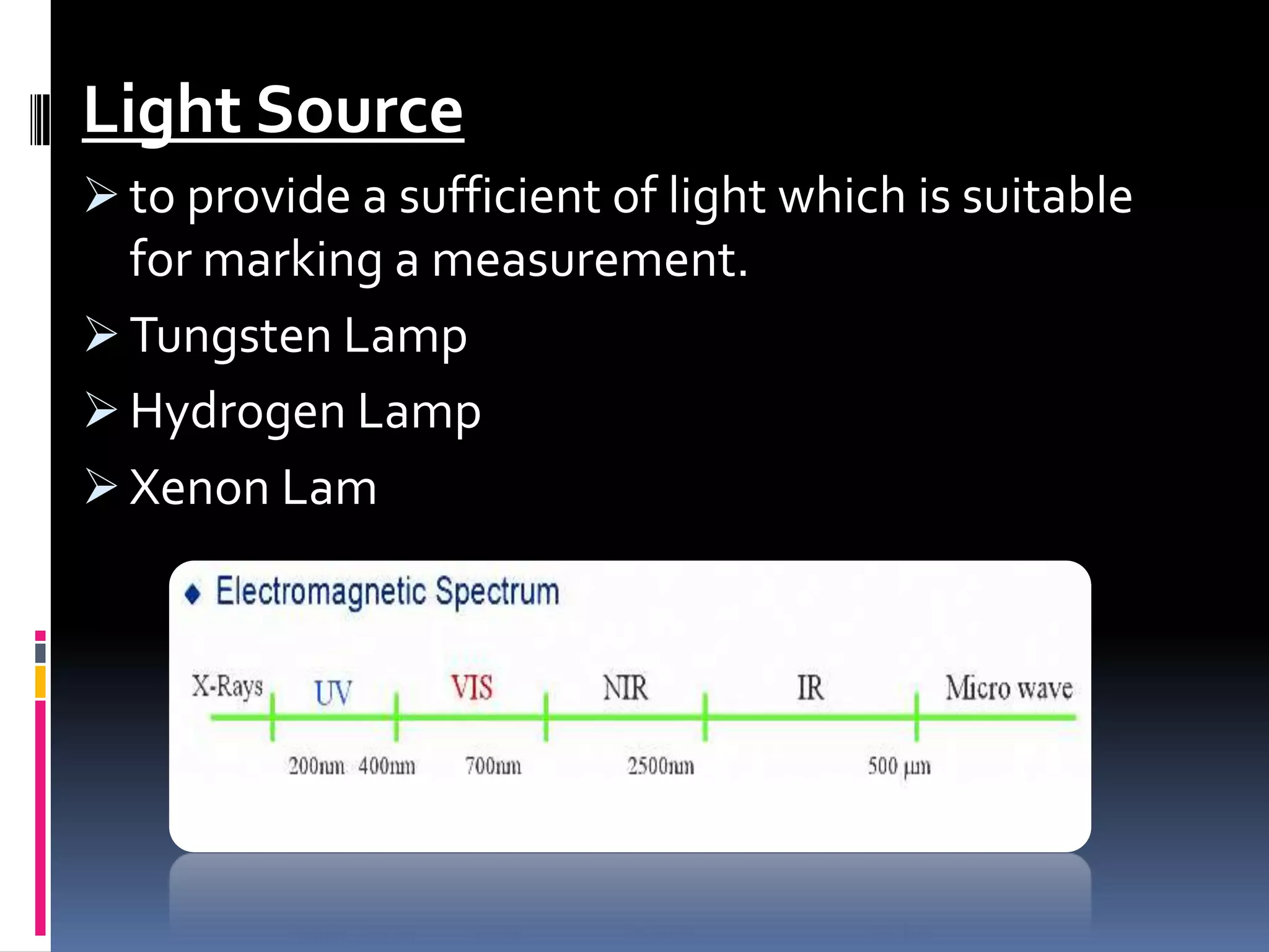 Light Source
 to provide a sufficient of light which is suitable
for marking a measurement.
 Tungsten Lamp
 Hydrogen Lamp
 Xenon Lam
 