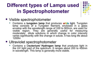 Different types of Lamps used
in Spectrophotometer


Visible spectrophotometer




Contains a tungsten lamp that produces white light. Tungsten
ght
lamp consists of a Tungsten filament, enclosed in a glass
envelop with the wavelength range of 330 to 900nm, are used for
visible region. They are generally useful for measuring
moderately dilute solutions in which change in color intensity
varies significantly with the change in solute. It has long life about
1200hr

Ultraviolet spectrophotometer


Contains a Deuterium/ Hydrogen lamp that produces light in
the UV light part of the spectrum. It ranges about 200 to 450nm
in wavelength. This lamp is generally more stable.

 