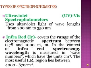 Ultraviolet (UV)-Vis
Spectrophotometers
Uses ultraviolet light of wave lengths
from 200 nm to 350 nm
 Infra Red (Ir)- covers the range of the
electromagnetic spectrum between
0.78 and 1000 m, m. In the context
of infra red spectroscopy
wavelength is measured in "wave
numbers", which have the units cm-1. The
most useful I.R. region lies between
4000 - 670cm-1.
 