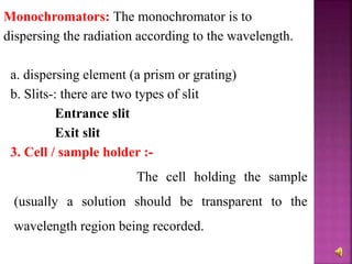 Monochromators: The monochromator is to
dispersing the radiation according to the wavelength.
a. dispersing element (a prism or grating)
b. Slits-: there are two types of slit
Entrance slit
Exit slit
3. Cell / sample holder :-
The cell holding the sample
(usually a solution should be transparent to the
wavelength region being recorded.
 