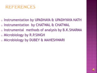 o Instrumentation by UPADHAYA & UPADHYAYA NATH
o Instrumentation by CHATWAL & CHATWAL
o Instrumental methods of analysis by B.K.SHARMA
o Microbiology by R.P.SINGH
o Microbiology by DUBEY & MAHESHWARI
 