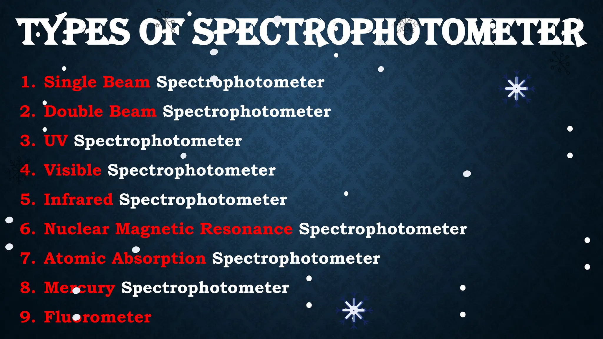 TYPES OF SPECTROPHOTOMETER
1. Single Beam Spectrophotometer
2. Double Beam Spectrophotometer
3. UV Spectrophotometer
4. Visible Spectrophotometer
5. Infrared Spectrophotometer
6. Nuclear Magnetic Resonance Spectrophotometer
7. Atomic Absorption Spectrophotometer
8. Mercury Spectrophotometer
9. Fluorometer
 