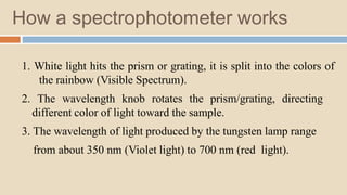 How a spectrophotometer works
1. White light hits the prism or grating, it is split into the colors of
the rainbow (Visible Spectrum).
2. The wavelength knob rotates the prism/grating, directing
different color of light toward the sample.
3. The wavelength of light produced by the tungsten lamp range
from about 350 nm (Violet light) to 700 nm (red light).
 