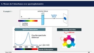 max  650 nm
Spectre d’absorption Couleur absorbée
bande d’absorption
4. Mesure de l’absorbance avec spectrophotomètre
Exemple 1 :
Master SEIB 22
 