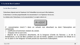 5. La loi de Beer-Lambert
Loi de Beer-Lambert
l’absorbance dépend aussi de l’épaisseur l de l’échantillon traversée par le flux lumineux.
L’absorbance A est donc proportionnelle à la concentration C et à l’épaisseur l de la cuve.
La relation entre l’absorbance A et la concentration C en espèce colorée est :
Master SEIB 25
 