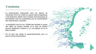 Conclusion
• La spectroscopie d’absorption dans les régions de
l’ultraviolet (UV) et le visible du spectre électromagnétique
a été largement utilisée dans l’analyse pharmaceutique et
biomédicale à des fins quantitatives pour la caractérisation
des médicaments, impuretés.
• la possibilité d’avoir la non fiabilité des résultats à causes
des effets de lumière parasite et le type de solvant
peuvent également conduire à un non-respect de la loi
Beer-Lambert.
• On ne peut pas utiliser le spectrophotomètre pour un
grand nombre d’échantillons.
 
