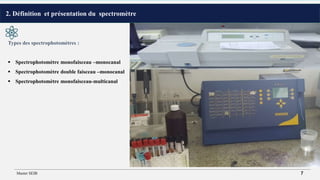2. Définition et présentation du spectromètre
Types des spectrophotomètres :
 Spectrophotomètre monofaisceau –monocanal
 Spectrophotomètre double faisceau –monocanal
 Spectrophotomètre monofaisceau-multicanal :
Master SEIB 7
 