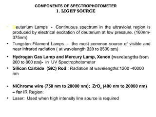 COMPONENTS OF SPECTROPHOTOMETER
                          1. LIGHT SOURCE


•   Deuterium Lamps － Continuous spectrum in the ultraviolet region is
    produced by electrical excitation of deuterium at low pressure. (160nm-
    375nm)
•   Tungsten Filament Lamps － the most common source of visible and
    near infrared radiation ( at wavelength 320 to 2500 nm)
•   Hydrogen Gas Lamp and Mercury Lamp, Xenon (wavelengths from
    200 to 800 nm)- in UV Spectrophotometer
•   Silicon Carbide (SiC) Rod : Radiation at wavelengths:1200 -40000
    nm

•   NiChrome wire (750 nm to 20000 nm); ZrO2 (400 nm to 20000 nm)
    – for IR Region:
•   Laser: Used when high intensity line source is required
 
