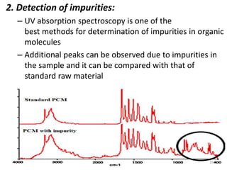 2. Detection of impurities: 
– UV absorption spectroscopy is one of the 
best methods for determination of impurities in organic 
molecules 
– Additional peaks can be observed due to impurities in 
the sample and it can be compared with that of 
standard raw material 
35 
 