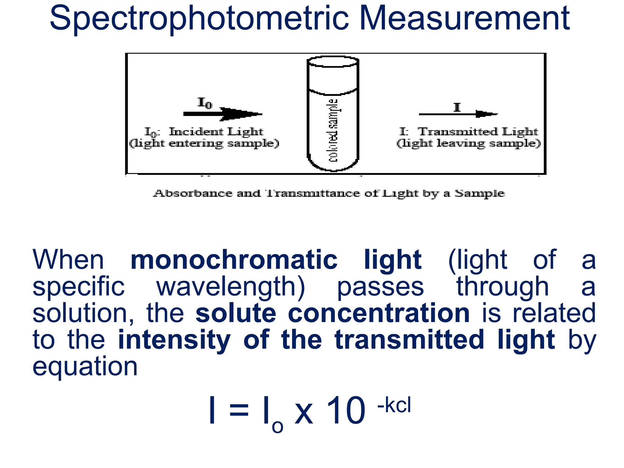 Spectrophotometric Measurement
When monochromatic light (light of a
specific wavelength) passes through a
solution, the solute concentration is related
to the intensity of the transmitted light by
equation
I = Io x 10 -kcl
 