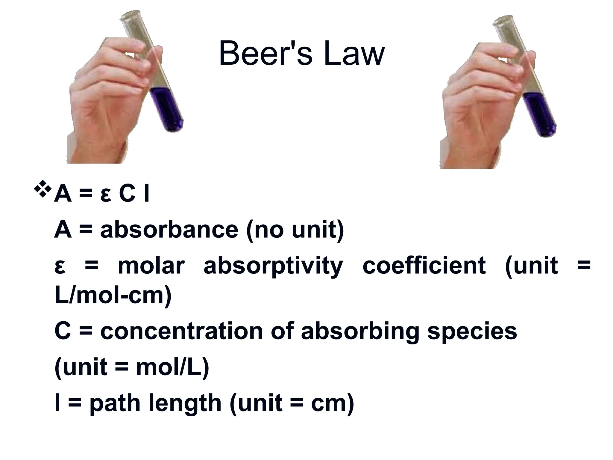 Beer's Law
A = ε C l
A = absorbance (no unit)
ε = molar absorptivity coefficient (unit =
L/mol-cm)
C = concentration of absorbing species
(unit = mol/L)
l = path length (unit = cm)
 