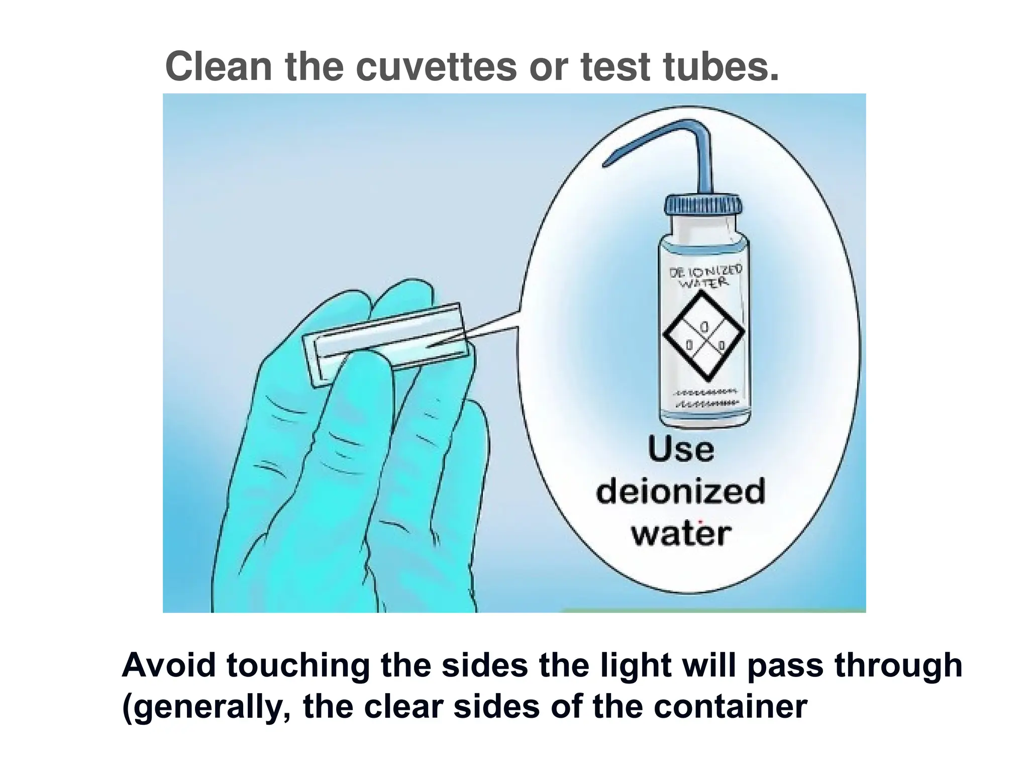 Clean the cuvettes or test tubes.
Avoid touching the sides the light will pass through
(generally, the clear sides of the container
 