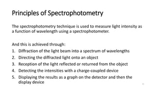 Principles of Spectrophotometry
The spectrophotometry technique is used to measure light intensity as
a function of wavelength using a spectrophotometer.
And this is achieved through:
1. Diffraction of the light beam into a spectrum of wavelengths
2. Directing the diffracted light onto an object
3. Reception of the light reflected or returned from the object
4. Detecting the intensities with a charge-coupled device
5. Displaying the results as a graph on the detector and then the
display device 21
 