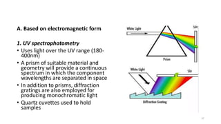 A. Based on electromagnetic form
1. UV spectrophotometry
• Uses light over the UV range (180-
400nm)
• A prism of suitable material and
geometry will provide a continuous
spectrum in which the component
wavelengths are separated in space
• In addition to prisms, diffraction
gratings are also employed for
producing monochromatic light
• Quartz cuvettes used to hold
samples
37
 