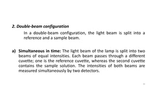 2. Double-beam configuration
In a double-beam configuration, the light beam is split into a
reference and a sample beam.
a) Simultaneous in time: The light beam of the lamp is split into two
beams of equal intensities. Each beam passes through a different
cuvette; one is the reference cuvette, whereas the second cuvette
contains the sample solution. The intensities of both beams are
measured simultaneously by two detectors.
44
 