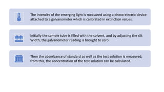 The intensity of the emerging light is measured using a photo-electric device
attached to a galvanometer which is calibrated in extinction values.
Initially the sample tube is filled with the solvent, and by adjusting the slit
Width, the galvanometer reading is brought to zero.
Then the absorbance of standard as well as the test solution is measured;
from this, the concentration of the test solution can be calculated.
 