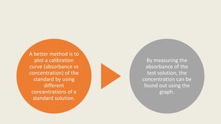 A better method is to
plot a calibration
curve (absorbance vs
concentration) of the
standard by using
different
concentrations of e
standard solution.
By measuring the
absorbance of the
test solution, the
concentration can be
found out using the
graph.
 