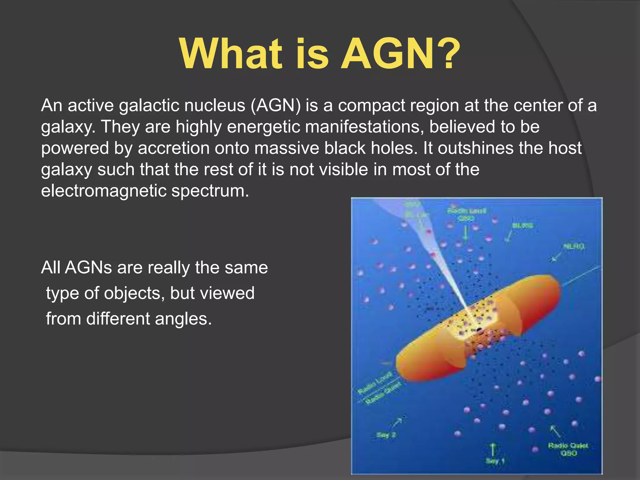 What is AGN?
An active galactic nucleus (AGN) is a compact region at the center of a
galaxy. They are highly energetic manifestations, believed to be
powered by accretion onto massive black holes. It outshines the host
galaxy such that the rest of it is not visible in most of the
electromagnetic spectrum.
All AGNs are really the same
type of objects, but viewed
from different angles.
 