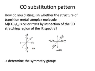 How do you distinguish whether the structure of
transition metal complex molecule
M(CO)4L2 is cis or trans by inspection of the CO
stretching region of the IR spectra?
-> determine the symmetry group:
CO substitution pattern
 