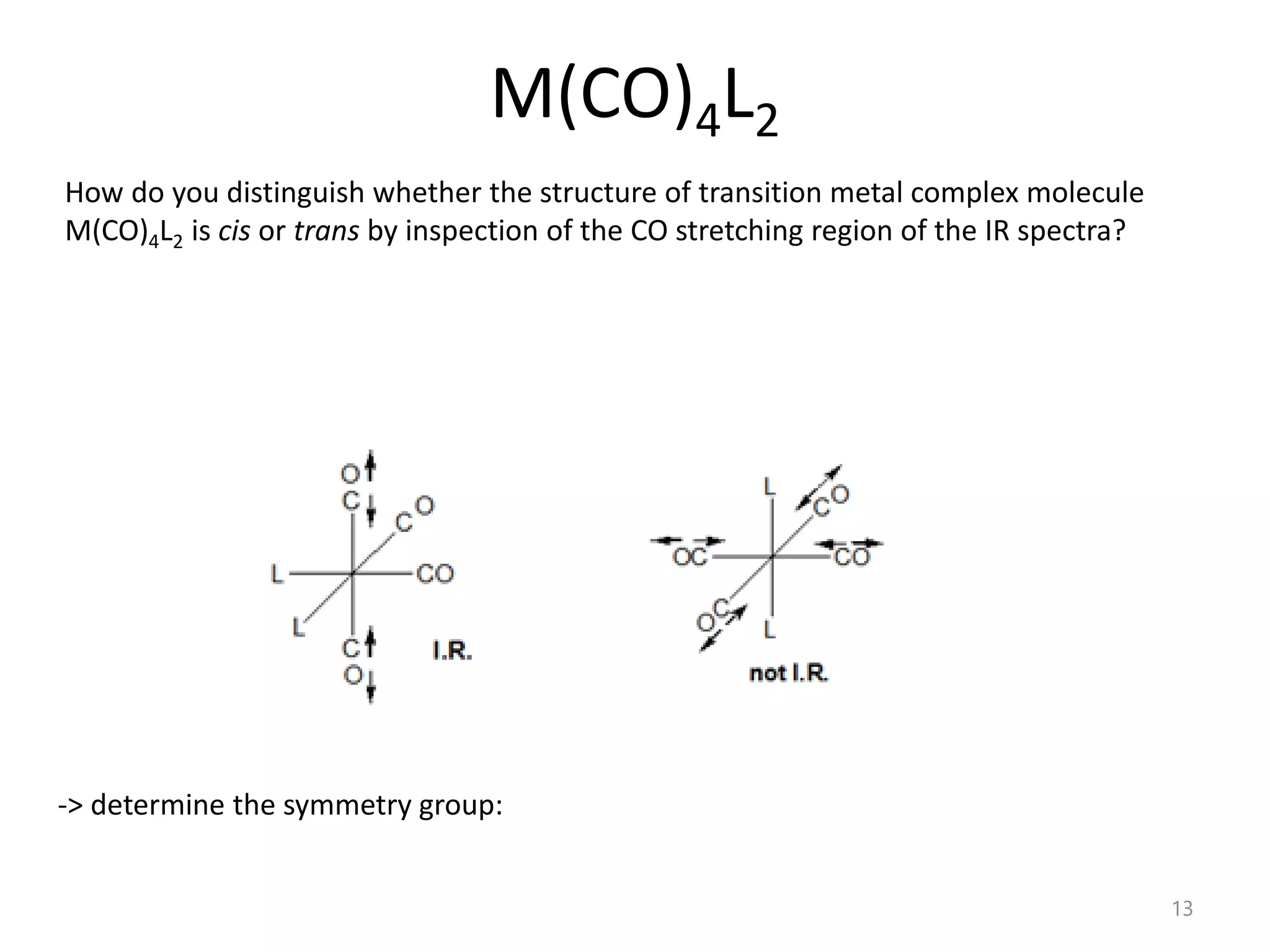 How do you distinguish whether the structure of transition metal complex molecule
M(CO)4L2 is cis or trans by inspection of the CO stretching region of the IR spectra?
-> determine the symmetry group:
M(CO)4L2
13
 