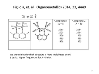 Figliola, et. al. Organometallics 2014, 33, 4449
Compound 1
A = S
2061
2021
1976
1955
1878
Compound 2
A = Se
2054
2014
1970
1950
1875
We should decide which structure is more likely based on IR:
5 peaks, higher frequencies for A = Sulfur
① or ② ?
37
 