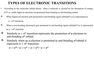 TYPES OF ELECTRONIC TRANSITIONS
• According to the molecular orbital theory when a molecule is excited by the absorption of energy
(UV or visible light) its electrons are promoted from bonding to anti-bonding orbital
 When Sigma (σ) electron gets promoted to anti-bonding sigma orbital(σ*).it is represented as
σ →σ* transition
 When a non bonding electron(n) gets promoted to anti-bonding sigma orbital(σ*).it is represented
as n →σ* transition
 Similarly π→ π* transition represents the promotion of π-electrons to
anti-bonding π* orbital
 Similarly when an n-electron is promoted to anti-bonding π*orbital it
represents n→ π* transition.
σ→ σ*> n→ σ* > π→ π*> n→ π*
 