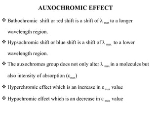 AUXOCHROMIC EFFECT
 Bathochromic shift or red shift is a shift of λ max to a longer
wavelength region.
 Hypsochromic shift or blue shift is a shift of λ max to a lower
wavelength region.
 The auxochromes group does not only alter λ max in a molecules but
also intensity of absorption (εmax)
 Hyperchromic effect which is an increase in ε max value
 Hypochromic effect which is an decrease in ε max value
 