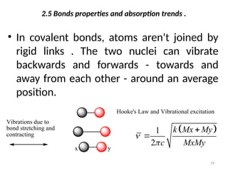 2.5 Bonds properties and absorption trends .
• In covalent bonds, atoms aren't joined by
rigid links . The two nuclei can vibrate
backwards and forwards - towards and
away from each other - around an average
position.
 
1
2
k Mx My
c MxMy




Hooke's Law and Vibrational excitation
Vibrations due to
bond stretching and
contracting
y
x
79
 