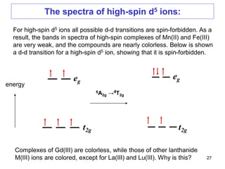 The spectra of high-spin d5 ions:
6A2g →4T2g
energy
For high-spin d5 ions all possible d-d transitions are spin-forbidden. As a
result, the bands in spectra of high-spin complexes of Mn(II) and Fe(III)
are very weak, and the compounds are nearly colorless. Below is shown
a d-d transition for a high-spin d5 ion, showing that it is spin-forbidden.
eg
eg
t2g t2g
Complexes of Gd(III) are colorless, while those of other lanthanide
M(III) ions are colored, except for La(III) and Lu(III). Why is this? 27
 