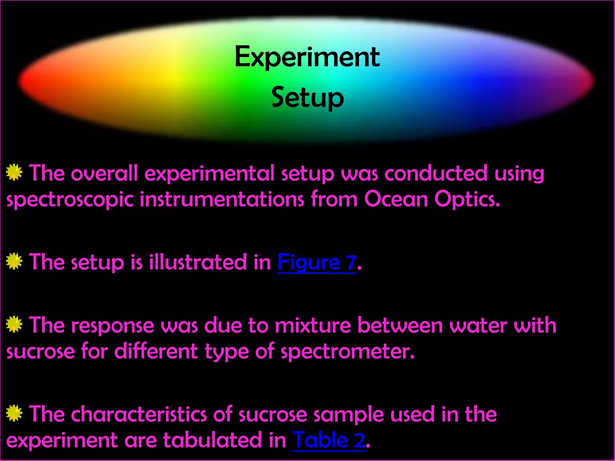 Experiment
Setup
The overall experimental setup was conducted using
spectroscopic instrumentations from Ocean Optics.

The setup is illustrated in Figure 7.
The response was due to mixture between water with
sucrose for different type of spectrometer.
The characteristics of sucrose sample used in the
experiment are tabulated in Table 2.

 