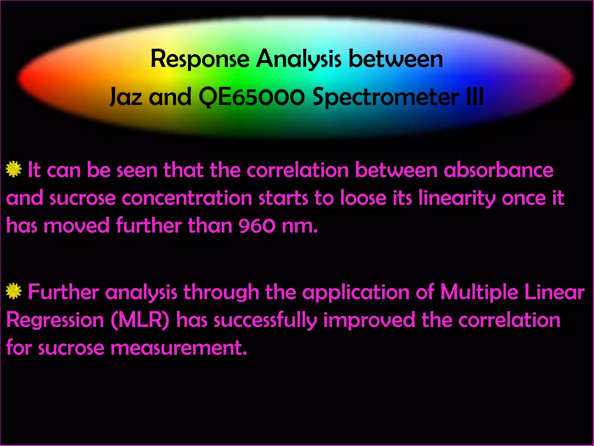 Response Analysis between
Jaz and QE65000 Spectrometer III
It can be seen that the correlation between absorbance
and sucrose concentration starts to loose its linearity once it
has moved further than 960 nm.
Further analysis through the application of Multiple Linear
Regression (MLR) has successfully improved the correlation
for sucrose measurement.

 